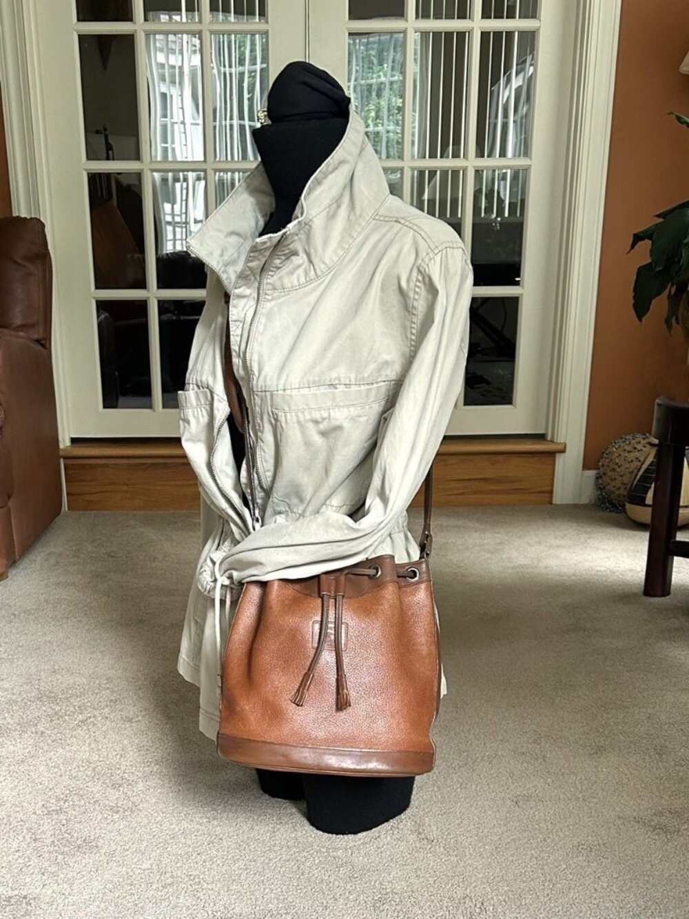 BURBERRY Calfskin Drawstring Bucket Bag, British Tan - Picture 10 of 13